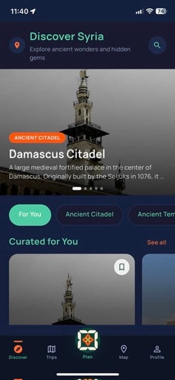 SyriaCore mobile app Discover Syria screen showing Damascus Citadel and personalized recommendations