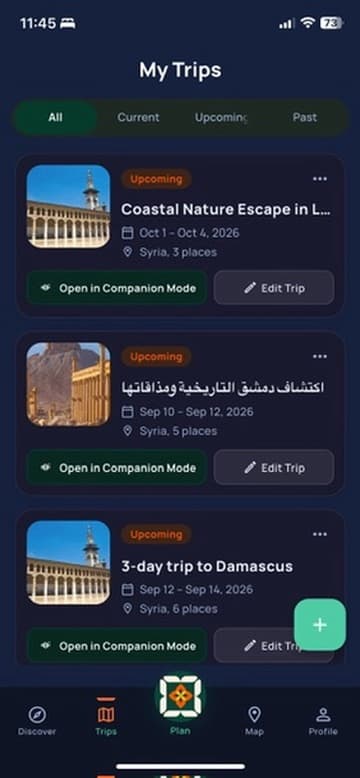 SyriaCore mobile app My Trips screen showing upcoming itineraries